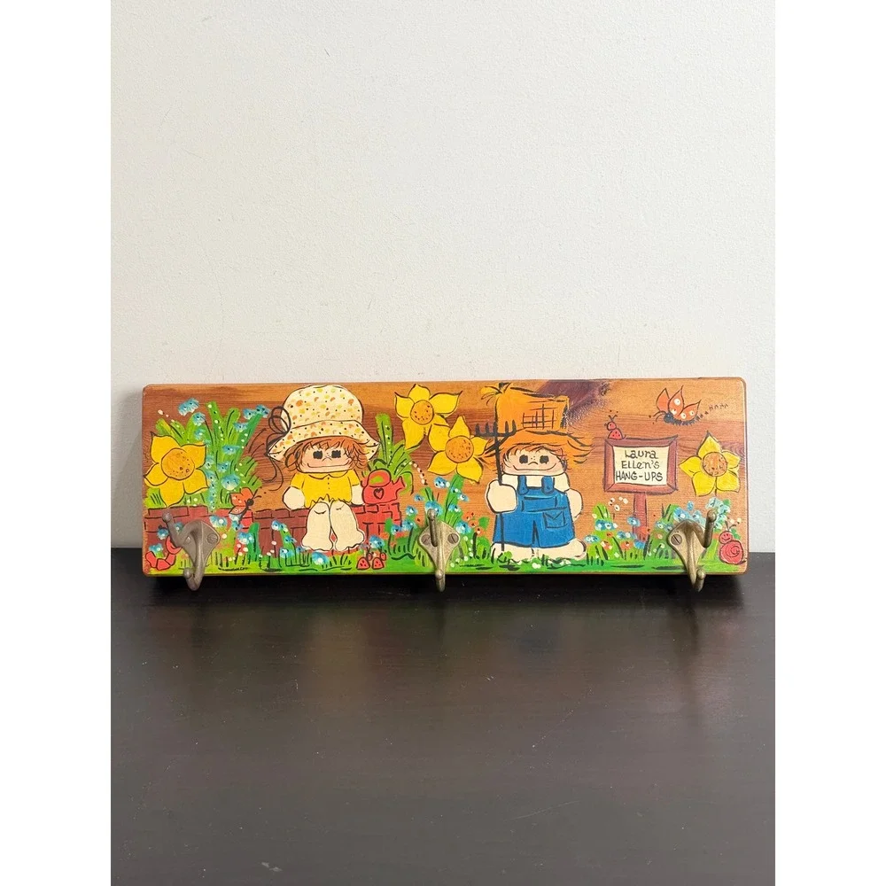Vintage 1975 Hand Painted Wood Wall Hook Coat Rack Folk Art Cottagecore Retro